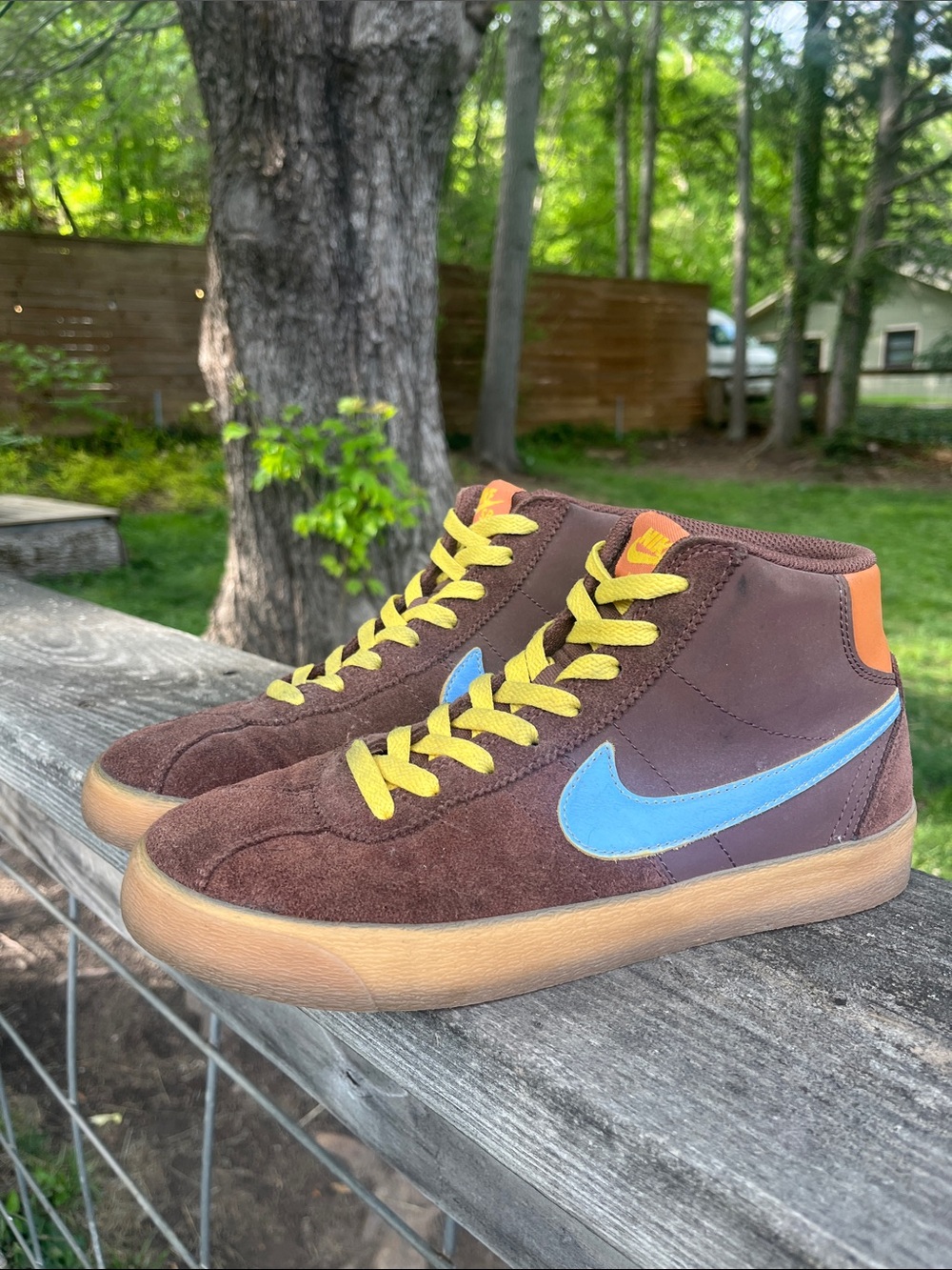 Nike Brown Suede High-Top Sneakers with Blue Swoosh and Yellow Laces